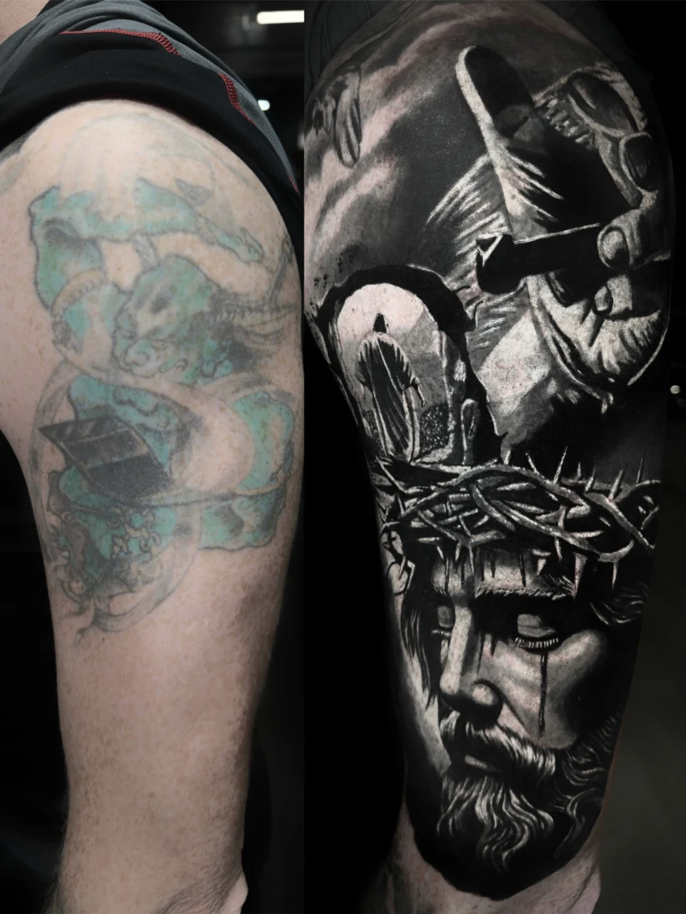 Side-by-side comparison of a faded, colorful dragon tattoo on an arm (left) and a detailed black-and-grey Jesus portrait cover-up tattoo with a crown of thorns and dramatic shading (right) on the same arm.