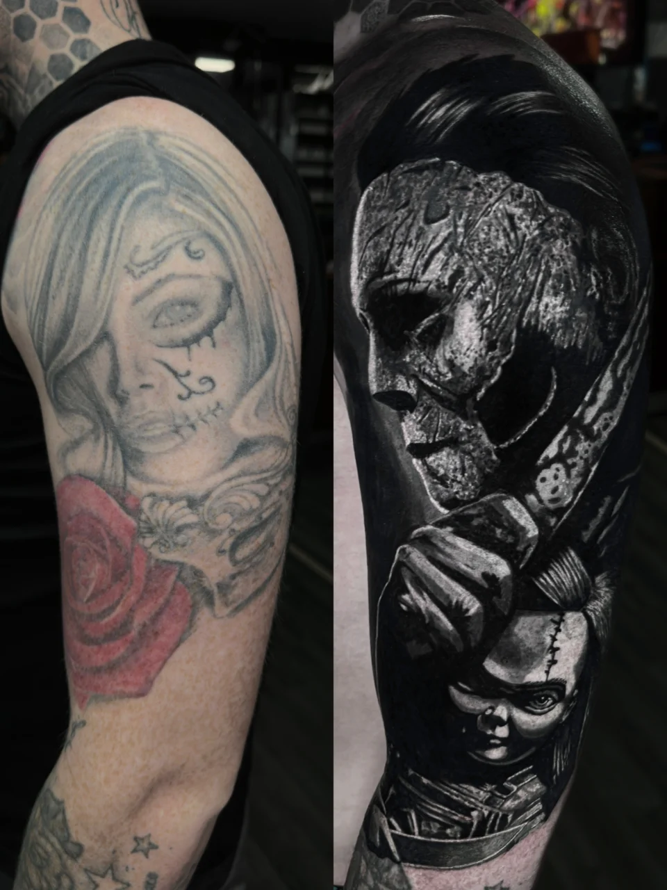 Side-by-side view of an upper arm tattoo cover-up: the left shows a faded portrait of a woman with Day of the Dead makeup and a red rose; the right shows a detailed, dark horror-themed design.