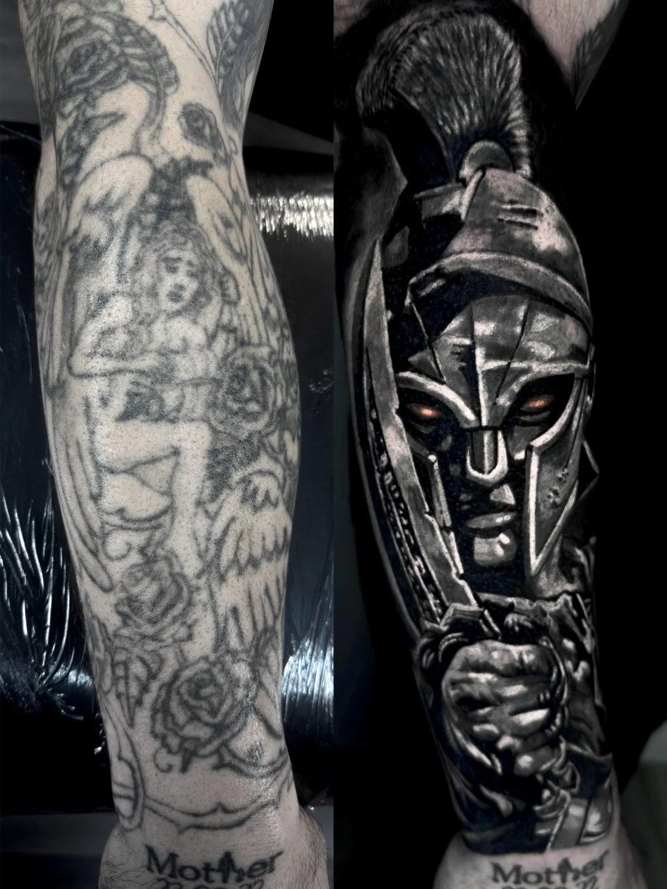 Side-by-side image of a tattoo cover-up: the left shows a faded angel and child design with Mother text, and the right shows a detailed, realistic Spartan warrior helmet over the old tattoo.