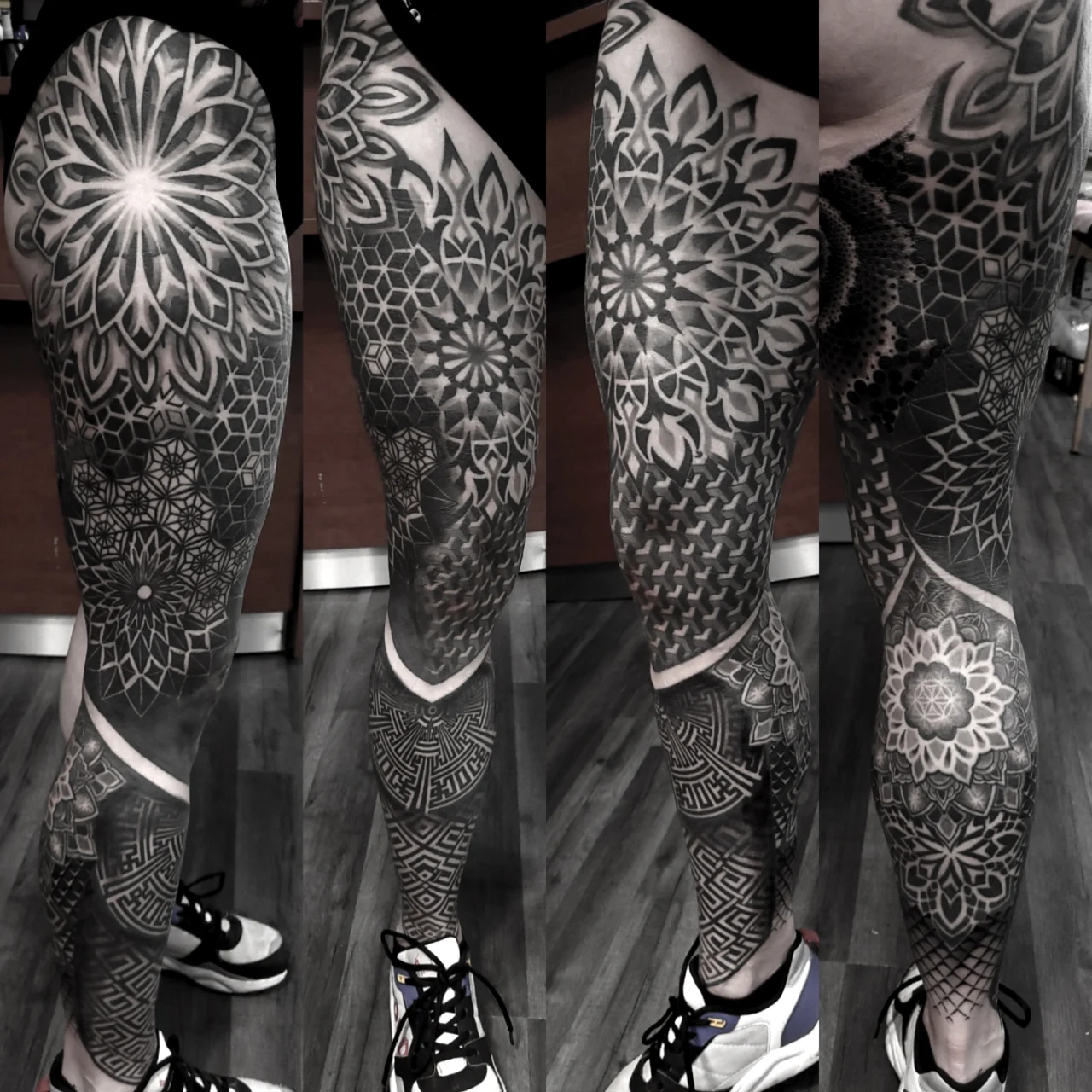 A collage of a leg with a tattoo.