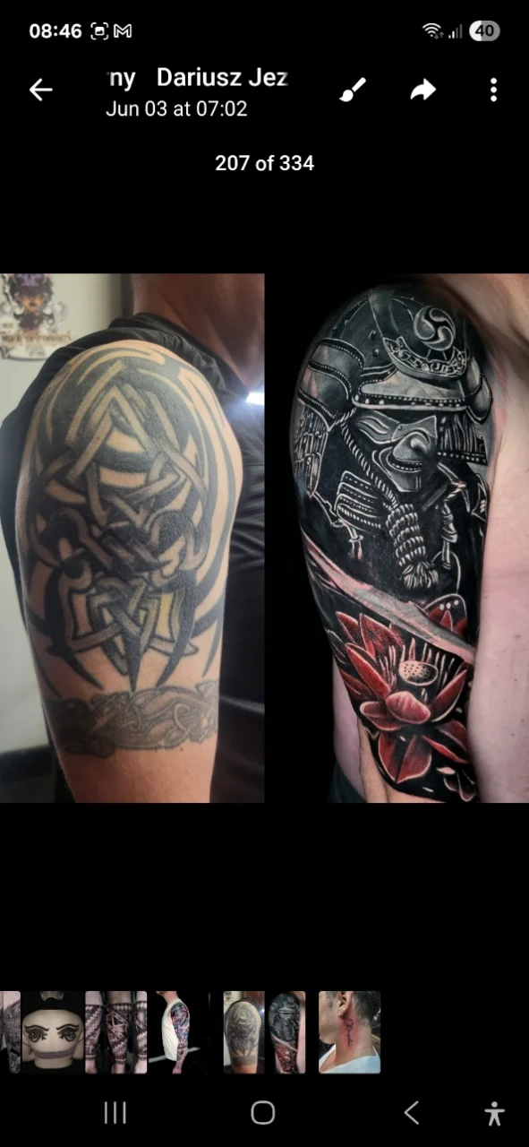 Side-by-side photos of an upper arm tattoo: the left shows a tribal design, and the right shows a detailed samurai helmet with a red lotus flower, highlighting a tattoo transformation.