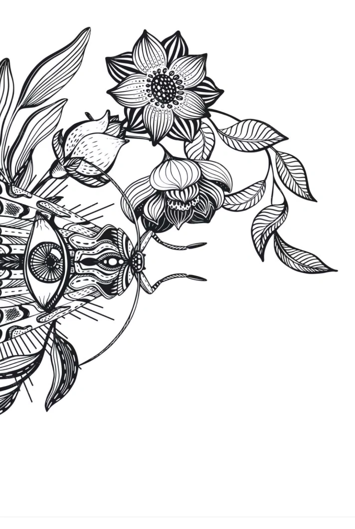 Black and white intricate line drawing of a floral arrangement with detailed flowers, leaves, and abstract patterns, featuring an eye motif—perfect inspiration from Spider Ink, a top tattoo studio in Dublin.