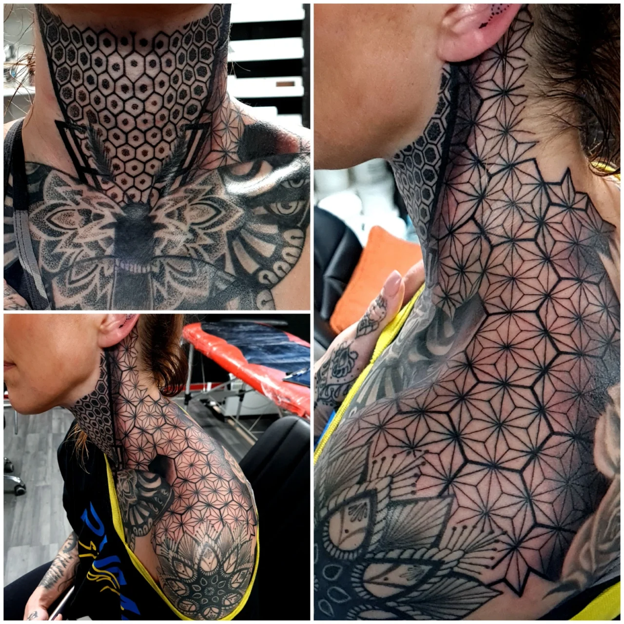 Collage of three close-up photos showing a person’s neck and shoulder tattoos featuring intricate black geometric and mandala patterns, including hexagons, stars, and floral designs, covering the skin.